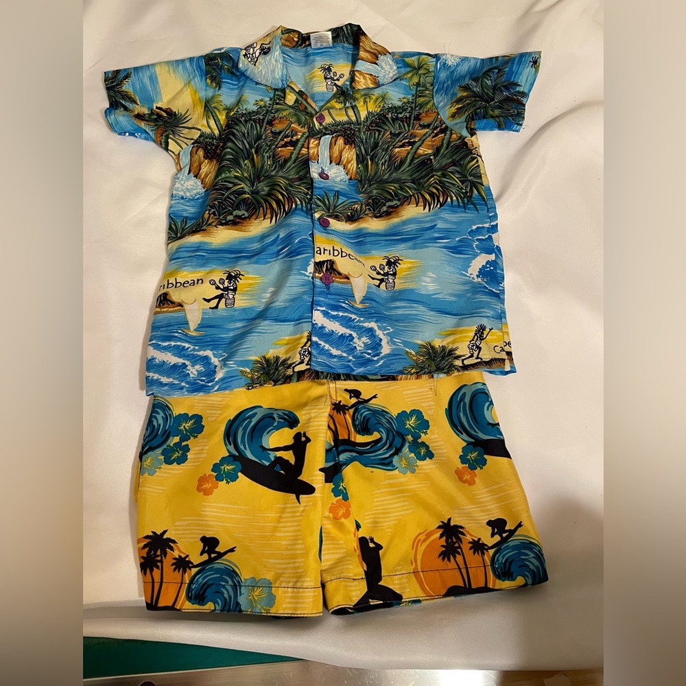 Gymboree swim shorts boys SZ‎ 4 and Hawaiian shirt yellow/blue 2Pc set